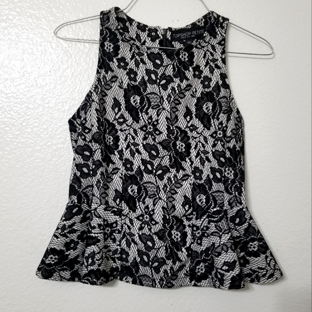 TOPSHOP Peplum Top Black/White Lace Sleeveless Fitted Party Wear Womens US Sz 4